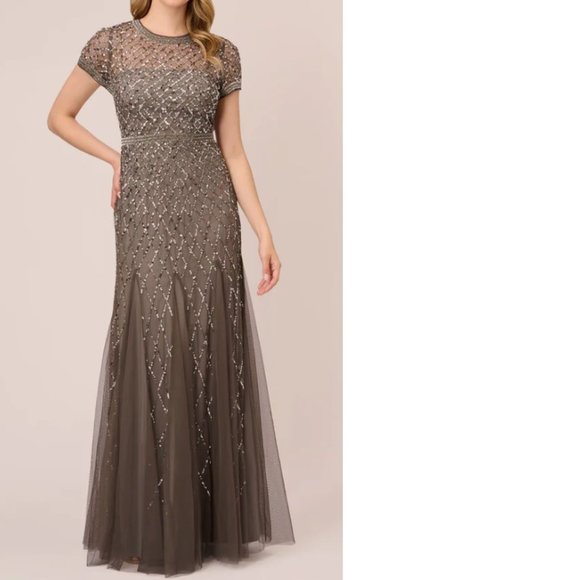 NWT Adrianna Papell Cap Sleeve Beaded Gown in Lead Size US 4 - Picture 1 of 7